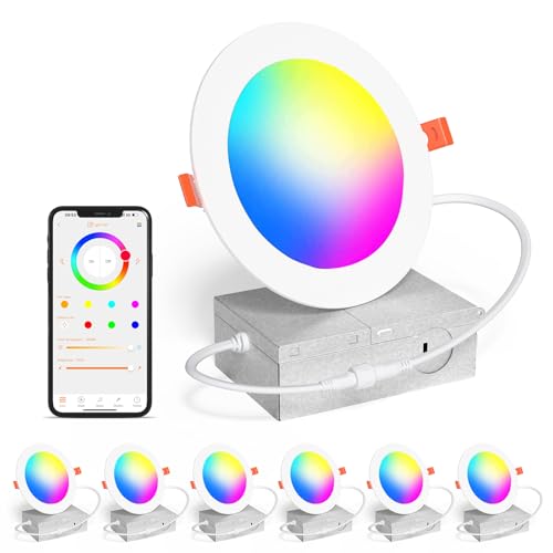 Smart Recessed Pot Lights LED 4 Inch, Bluetooth RGBCW Color Changing Recessed Lighting, Compatible with Alexa, 2700k-6000k Dimmable 1080LM Canless Downlight with Junction Box for Bedroom,Party,6 Pack by ChangM - Used condition - CA$49.69