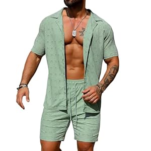 URRU Men’s 2 Pieces Outfits Summer Beach Set See Through Sheer Short Sleeve Flower Lace Shirts and Shorts Sets