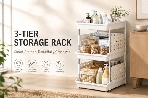Image of KITCHIVO Multipurpose Storage Rack Organizer with Stainless Steel Pipes | Heavy Duty Plastic Shelf Stand for Kitchen, Bathroom, Laundry & Pantry (White, 3 Layer)