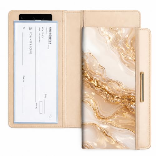 UNICRAFTALE Couverture De Chéquier Personnel pour Chéquier en Cuir Champagne Or Porte Chèques 19.5x11.5cm Chèques avec Doublonne Porte Stylo Et Fentes pour Cartes Blocage RFID pour Chèques Personnels