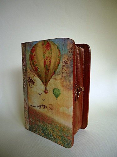 Wooden jewelry box, Balloon voyage, Keepsake box, Trinkets Box, decoupage box, Vintage border frame, artificially aged
