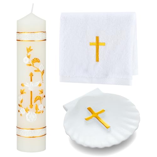 Lyrow Baptism Candle Set: Complete Christening Gift Kit with Shell, Candle & Towel, White Gold Communion for Baptism, First Holy Communion, Catholic Sacraments