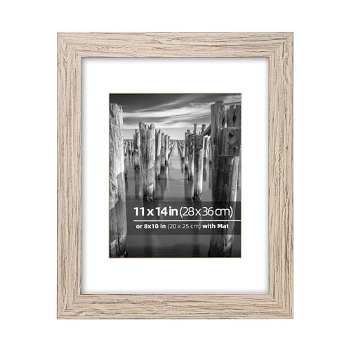 DUCIHBA 11x14 inch Reclaimed Barn Wood Picture Frame, Multiple Display Option, Ultra Clear Glass, with Mat for 8 x10 inch Photos, Frinearts, Distressed Off White