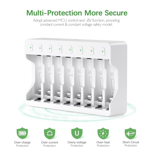 EBL Akku Ladegerät für AAA AA NI-MH, NI-CD Akkus 8 Fach Batterie Ladegerät, Schnell Ladegerät mit LED Anzeige Typ 9010