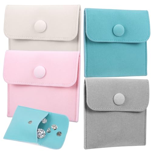 WOONEKY 4 pièces Pochons à Bijoux Flanelle avec Bouton Pression Lot Rangement pour Colliers Bracelets Bagues et Boucles Oreilles Protège Rayures Compact et