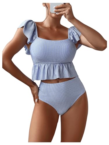 SOLY HUX Women's Ruffle Trim Swimsuits Striped Tankini Set High Waisted Two Piece Bathing Suits