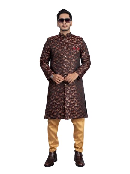 Men's Jacquard Indo Western Sherwani Set with Traditional Mandarin Collared Neck Long Sleeves One Pocket Button Closure Straight Length Kurta and Solid Cotton Pyjama
