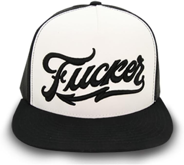 Trucker Hat – Flat Bill Mesh Snapback – 5-Panel White/Black Cap with Bold Front Embroidery – One Size Adjustable – Cotton/Poly/Nylon Blend – Outdoor Summer Baseball Hat - One Size Fits Most