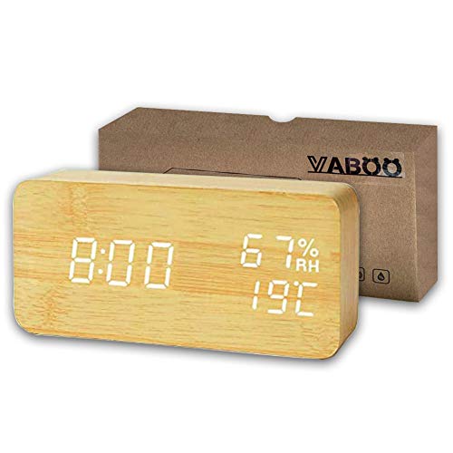 VABOO Sveglia in Legno, Sveglia Digitale a LED in Legno, Orologio da Tavolo con Display Temperatura umidità Ore, 3 Livelli di Luminosità, Controllo Vocale,Orologio da Comodino Doppio Alimentatore