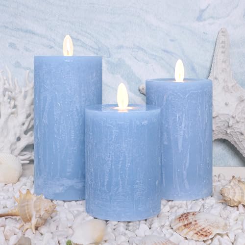 Image of Rustic Blue Flameless Candles with Remote Control & Timer Real Wax Ocean Pillar LED Candles Rough Texture Design Battery Candles for Home Party Nautical Wedding Christmas Valentine's Day Decor