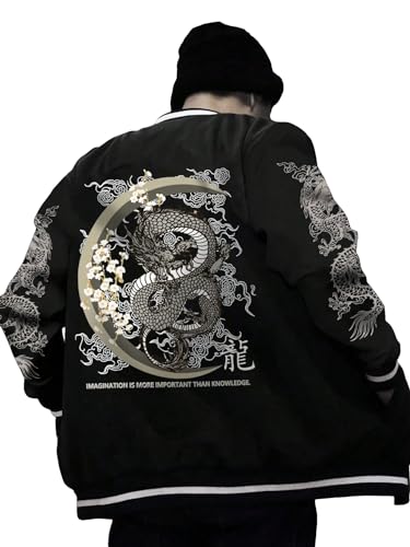 Image of WDIRARA Men's Letter Graphic Baseball Jacket Striped Trim Drop Shoulder Long Sleeve Varsity Outerwear Without Hoodie