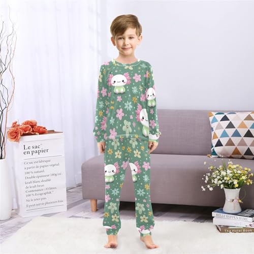 Floral Axolotl on Green Soft Pajama Set for All Seasons,Breathable Pjs Long Sleeve Sleepwear,Comfy Loungewear 2 Piece Underwear Set 8T4