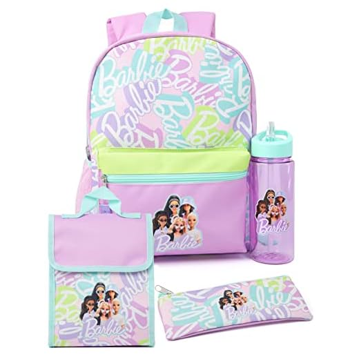Barbie Girls 4 Piece Backpack Set | Logotipo de Las muñecas de Moda Purple Rucksack Lunch Bag Pencil Case Water Bottle | Regalos de Mochila para el Regreso a Clases