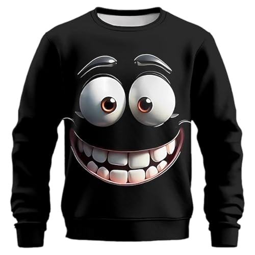Roobeety Camisola para homem com rosto sorridente em 3D - Camisola divertida com desenhos animados Smiley | T-shirt divertida com gola redonda para festas, Estilo#w01 preto, XL