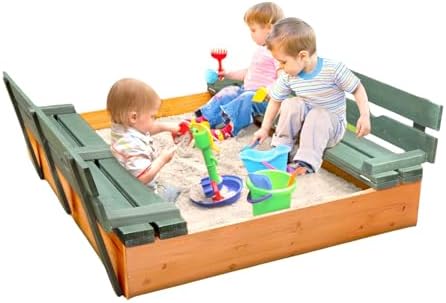 Badger Basket Wooden Sandbox with Lid & Benches - Large Outdoor S...
