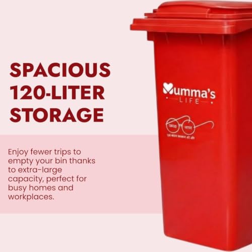 Image of Mumma's LIFE 120L Big Dustbin Extra Large Size | Plastic Manual-Lift Wheel Garbage Big Dustbin | Heavy Duty HDPE Waste Bin with Lid & Wheels | For Indoor & Outdoor Use (Red)