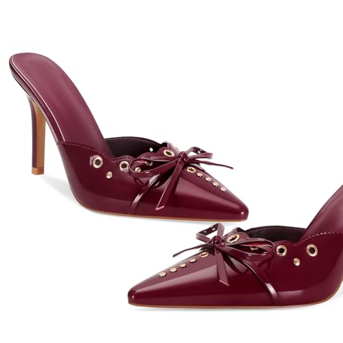 Image of DOEYG Women Pointed Toe Bow Heels Mules Slip on Stiletto Heels Sandals Dress Party Wedding Studded Heels Pumps
