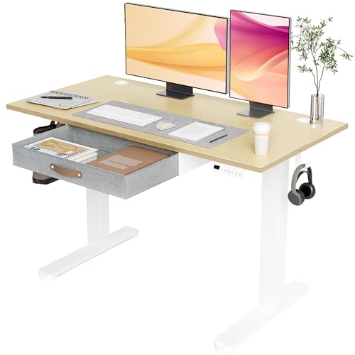 Seang Escritorio de pie con cajón, 48 x 24 pulgadas de altura ajustable, 3 ajustes de altura de memoria con ojales para cables y ganchos de almacenamiento, ideal para el hogar y la oficina, naturaleza