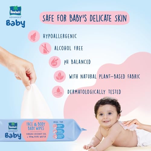 Image of Parachute Advansed Baby | Face & Body Baby Wipes | With Virgin Coconut Oil & 99% Pure Water | Hypoallergenic, Dermatologically Tested & pH Balanced | Moisture-lock Lid | 72 wipes