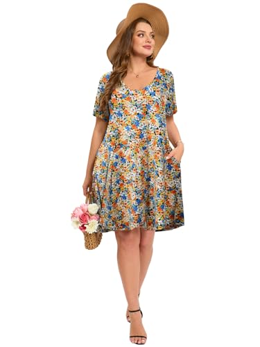 Image of ZENNILO Women's Plus Size Swing Dress with Pockets Casual Summer Dresses V Neck Short Sleeve T Shirt Dress for Women