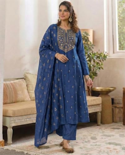 Image of ANNI Designer Women's Viscose Straight Printed Embroidery Kurta with Pant & Dupatta | Long Sleeve Ethnic Kurta Set for Women | Casual Office, Daily, Party Outfits