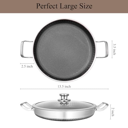 Vinchef 13 Inch Paella Pan, Stainless Steel with Lid, Honeycomb Nonstick Coating, Oven Safe, Dishwasher Safe, Induction, Gas, Electric Stove Compatible