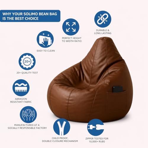 Image of Bean Bag Cover | Gaming Seat with Side Pocket | Premium Leatherette, Washable Cover, Double Stitching | for Lounge & Bedroom | Cover Only (Free Pillow & Footrest, No Beans) (Brown, XXL)