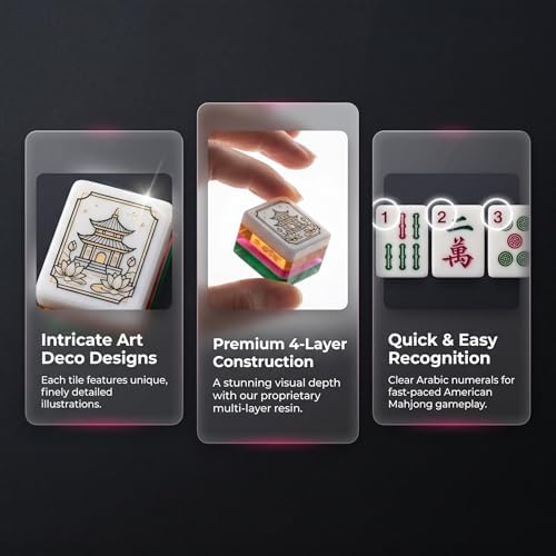 4 Layer Mahjong Tiles, 160 Pcs Premium Acrylic American Set with Exquisite Carrying Bag, Clear Engraved Western Game with Dice for Adults, Portable Home Travel Social Gathering (Tortoise) (Color 9) - 5