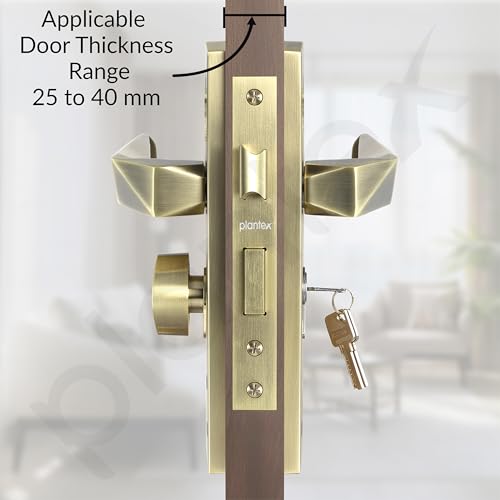 Image of Plantex Heavy-Duty Door Lock Handle Set / 6-Lever Lock Mechanism with 3 Years of Warranty /Mortise Lock with 3 Keys, Brass Lock Body & Cylinder - (8129-Brass Antique)
