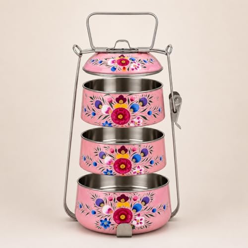 Image of iHandikart Handpainted Decorative Lunch Box Tiffin | Multiple Tier Stainless Steel Food Box | Designer Indian Print Tiffin for School | Diwali Gift, Navratri Gift (Color - Multicolor)