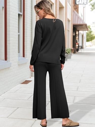 ANRABESS Conjunto de 2 peças de suéter feminino de tricô com gola redonda, calça de perna larga, con