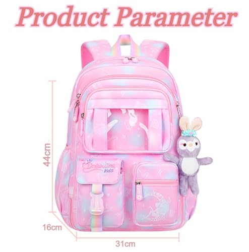 Image of Kawaii Fantasy Colorful Gradient Backpack with Cute Rabbit Plush Pendant for Elementary School Teens Girls Aesthetic Lightweight Waterproof School Bag with Multiple Pockets & Hidden Zipper