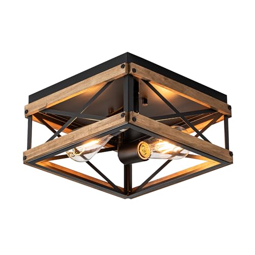 Mayful Black Flush Mount Ceiling Light, 2-Light Rustic Farmhouse Fixture with Metal & Wood Frame, Dimmable Close-to-Ceiling Lighting for Kitchen Bedroom Living Room Hallway Entryway