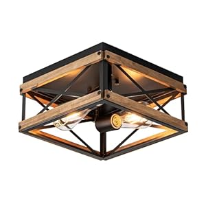 Mayful Black Flush Mount Ceiling Light, 2-Light Rustic Farmhouse Fixture with Metal & Wood Frame, Dimmable Close-to-Ceiling Lighting for Kitchen Bedroom Living Room Hallway Entryway