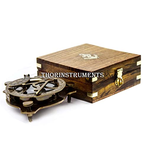 THOR INSTRUMENTS 5" Triangular Nautical Sundial Compass with Level Meter, Encased in Genuine Rosewood Anchor Inlaid Case, Maritime Decor Gift - Thumbnail 3