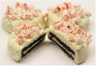 White Chocolate Covered Oreos Topped with Crushed Peppermint Candy Canes in a 1 Pound Clear Cello Bag