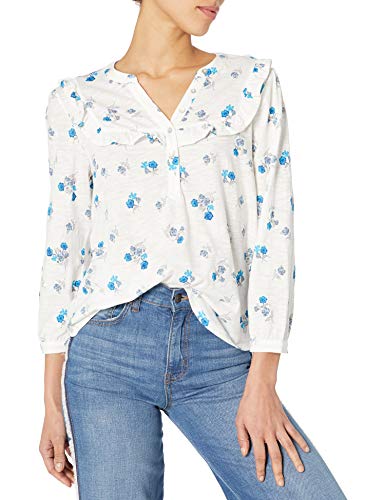 Lucky Brand Women's Long Sleeve V Neck Floral Ruffle Bib Henley Top, Cream