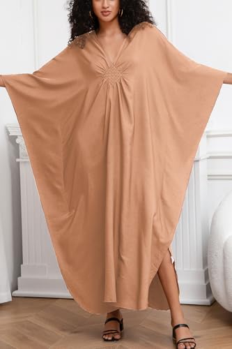 Vestido caftán bohemio monocolor de talla única holgada y bata ligera suave 3