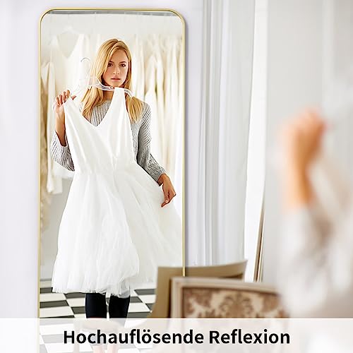 Foto von Koonmi Standspiegel mit abgerundeten Ecken, 53 x 163 cm runden Ecken Ganzkörperspiegel mit Ständer, großer Fußboden Standspiegel Ganzkörperspiegel Wand Hänger für Schlafzimmer, Wohnzimmer, Gold