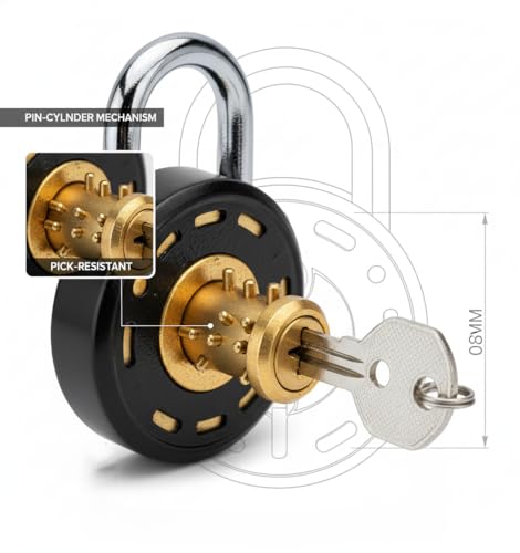 Image of Azco Round Locks Multiple Keys Padlocks 50mm 7 Levers Double Locking, Strong Hardened Shackle Lock and Key for Home Door Shutter Shop Office Main Gate (10 Keys 50mm Black Pack of 1)