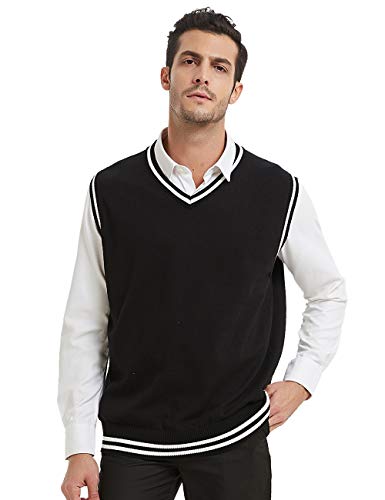 TOPTIE Mens Sweater Vest, Black and White Trimmed V-Neck Soft Knit Pullover