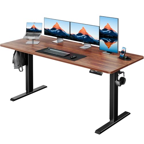 HUANUO 63" x 28" Electric Standing Desk Adjustable Height, 4 Memory Height Settings, Headphone Hook, Cable Manager, Sit Stand Up Desk for Home Office & Computer Workstation, Walnut