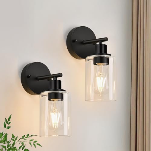 Set of 2 Wall Sconces for Bathroom,Black Modern Vanity Lights with Clear Glass Shade,Bathroom Wall Lamp for Mirror Kitchen Living Room Hallway Cabinet Porch