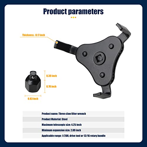 Image of Yonput Pack-1 Oil Filter Wrench, Universal 3 Jaw Oil Filter Wrench, Adjustable Oil Filter Removal Tool for 2 inch-4.2 inch Diameter Oil Filter (Black)