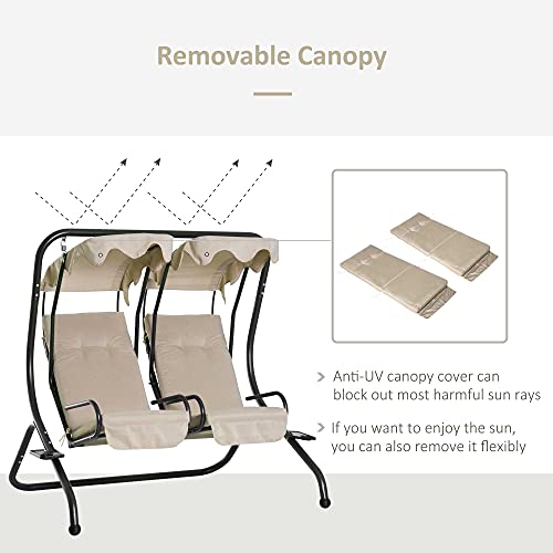 Outsunny Patio Swing Chair With 2 Separate Seats, Outdoor Swing Glider With Removable Canopy And Cup Holders, For Porch, Garden, Poolside, Backyard, Beige #TOP4