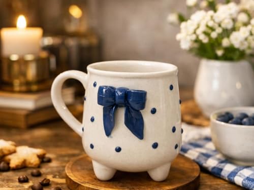 Image of Ceramic Blue Bow Cup with Legs | Cute Designer Coffee Mug | Handcrafted Aesthetic Tea Cup | Microwave & Dishwasher Safe | Unique Gift Mug for Girls & Special Occasions