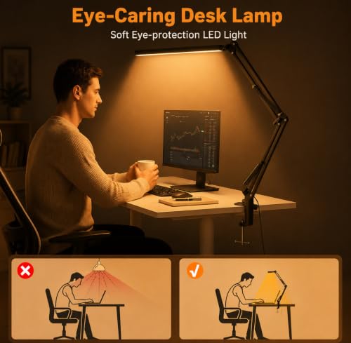 Image of Fulminare LED Table Lamp for Study Room, Adjustable Arm Desk Lamp, 3 Color Modes, 10-Level Dimmer, Eye Care Reading Light with Clamp, Flicker-Free Warm White Light for Students, Home & Office (King)
