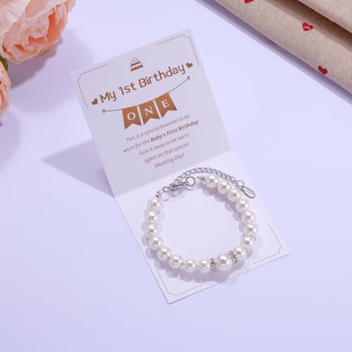 Kvekstio First Birthday Pearl Bracelet Gift for 1 Year Old Daughter Granddaughter Niece, Happy 1st Birthday Jewelry, Wonderful 1st Birthday White Pearl Adjustable Bracelet Gift for Age One3