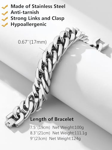 8/12/17mm Wide Cuban Link Bracelet for Men Father Gift 18K Gold/Black Plated Stainless Steel Bracelets 7.4-9 Inches(Gift Wrapped)3