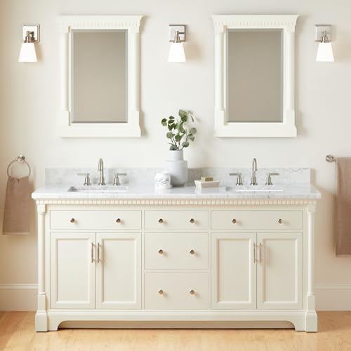 Signature Hardware 953832-72-RUMB-8 Claudia 72" Freestanding Mahogany Double Basin Vanity Set with Cabinet, Vanity Top, and Rectangular Undermount Sinks - 8" Faucet Holes - White/Carrara Marble